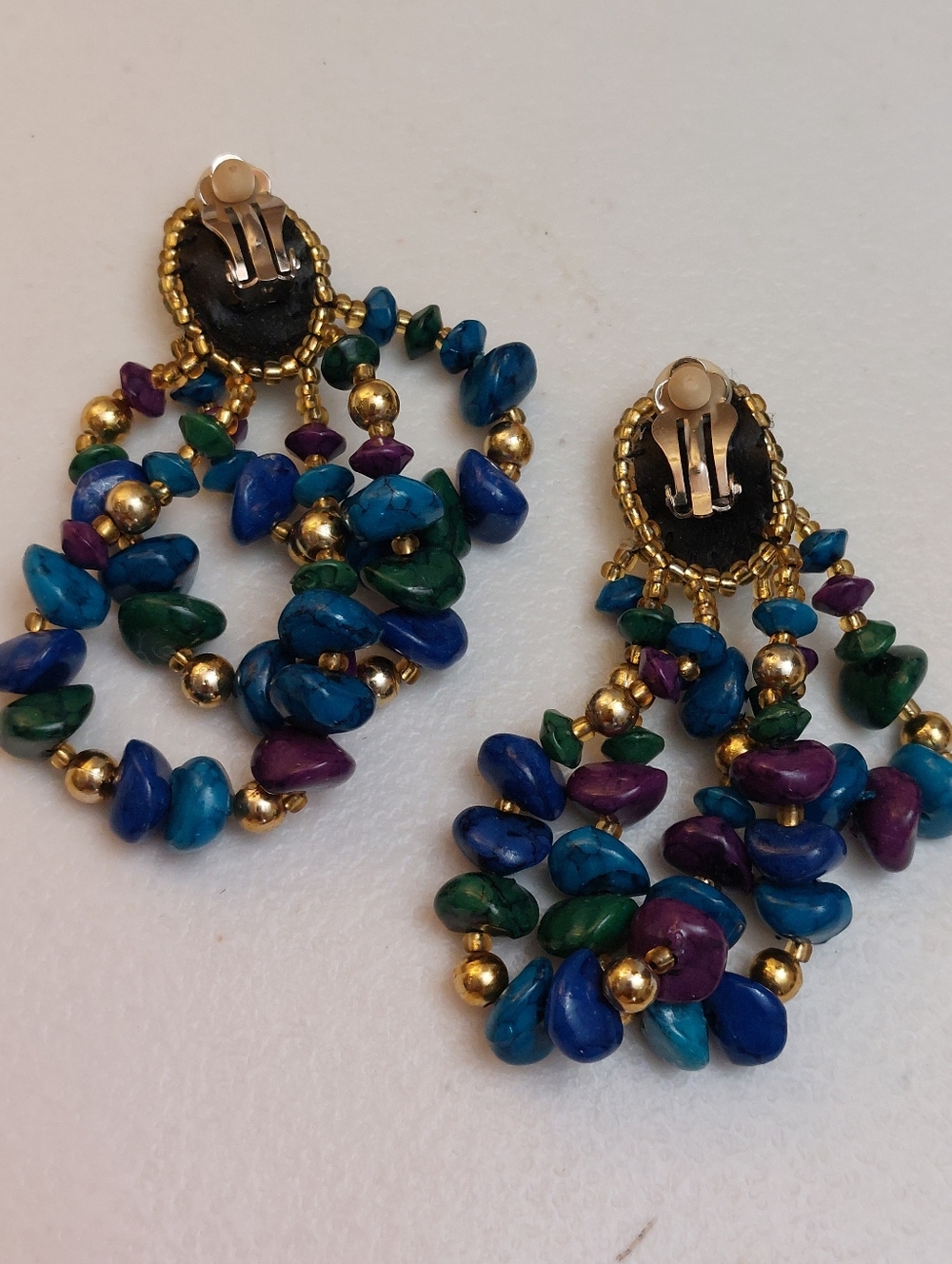 Vintage Southwest Inspired Clip On Earrings Faux Turquoise Cabochon Beaded Hoops - Picture 4 of 6